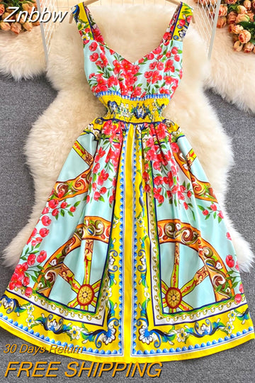 Znbbw 2023 Fashion Runway Summer Vintage Party Dress Spaghetti Strap Printed High Elastic Waist A-Line Knee-Length Dress